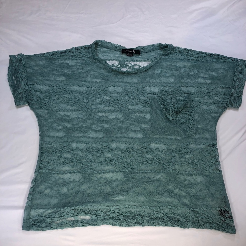 Forever 21 Womens Sage Green Floral Lace Sheer Short Sleeve Boxy Top Small